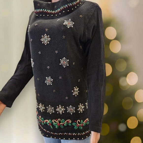 Vintage Christmas Sweater Beads Sequins Snowflakes Candy Canes - Picture 3 of 8